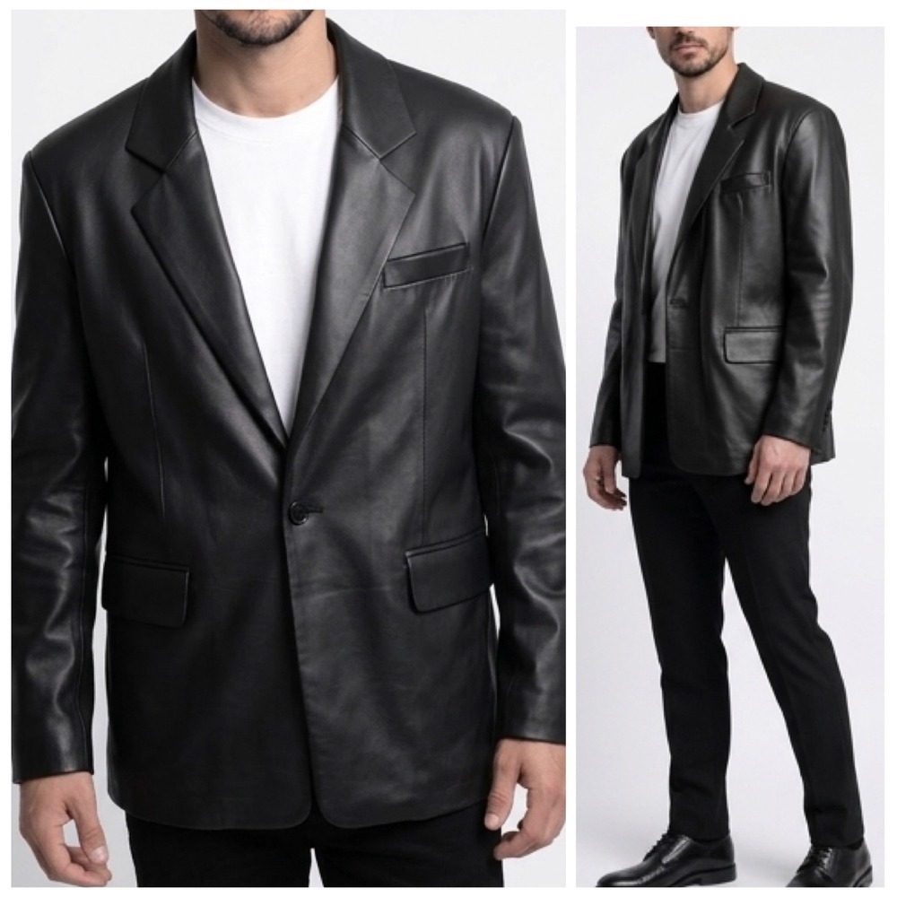 Lamarque Mens Black Vegan Faux Leather Blazer Sport Coat Jacket Size M/L
